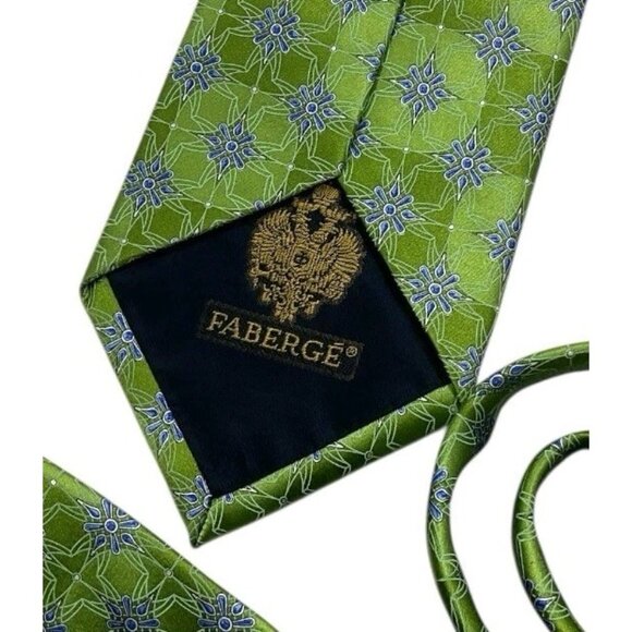 FABERGÉ Men's 100% Silk Necktie LUXURY Tie XL Green Blue Geometric W:3.6" EUC - Picture 2 of 6
